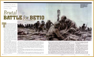 Magazine spread of "brutal battle for Betio"